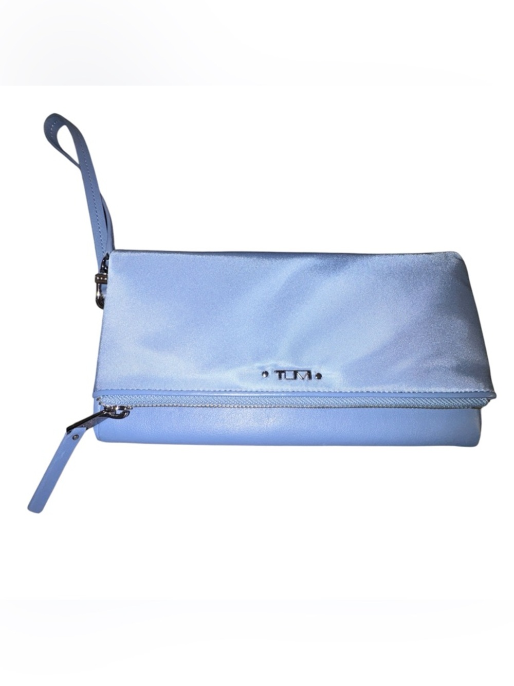 Tumi Nylon/ Leather Trim Powder Blue Fold-Over Wristlet Clutch